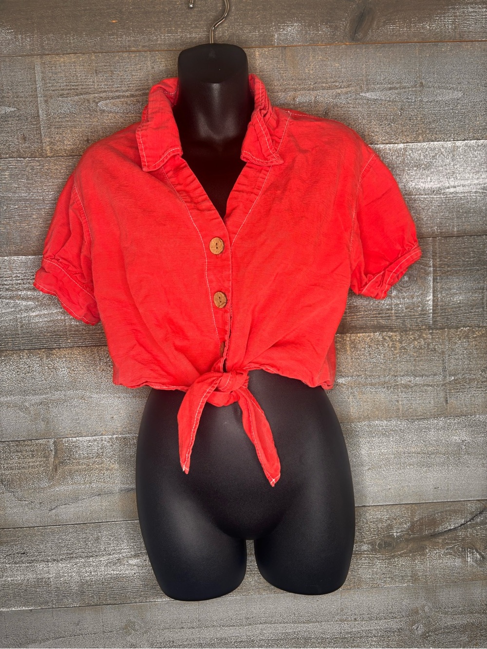 Zara bright orange tie front cropped wooden Button collared Shirt  xs